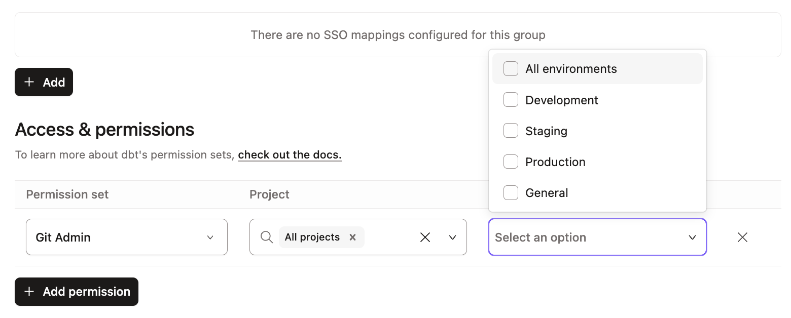Example environment access control for a group with Git admin assigned.