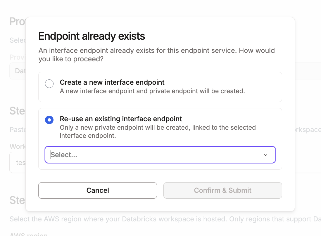 Endpoint already exists popup with options to create a new interface endpoint or re-use an existing one