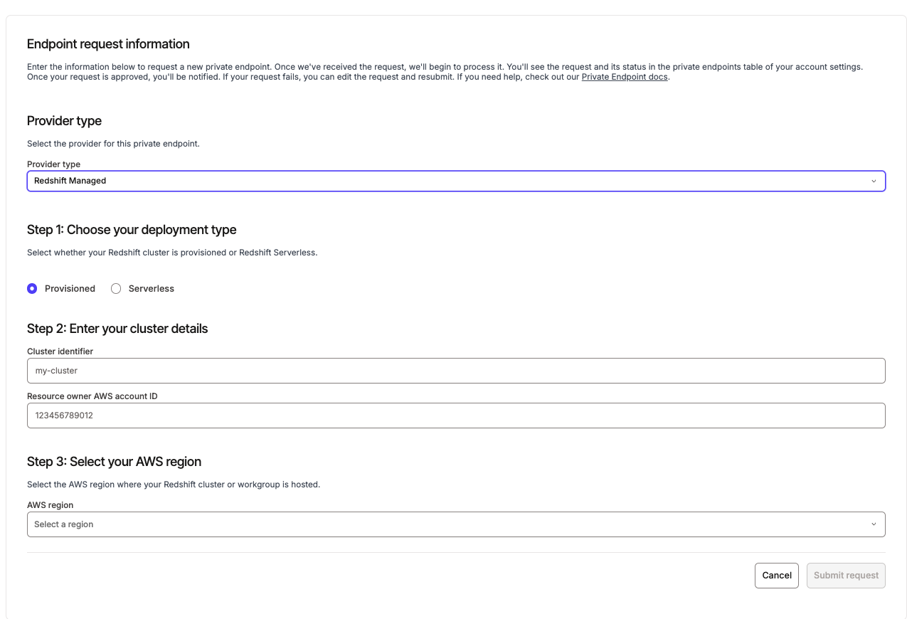 Redshift Managed endpoint request form showing deployment type, cluster details, and AWS region fields