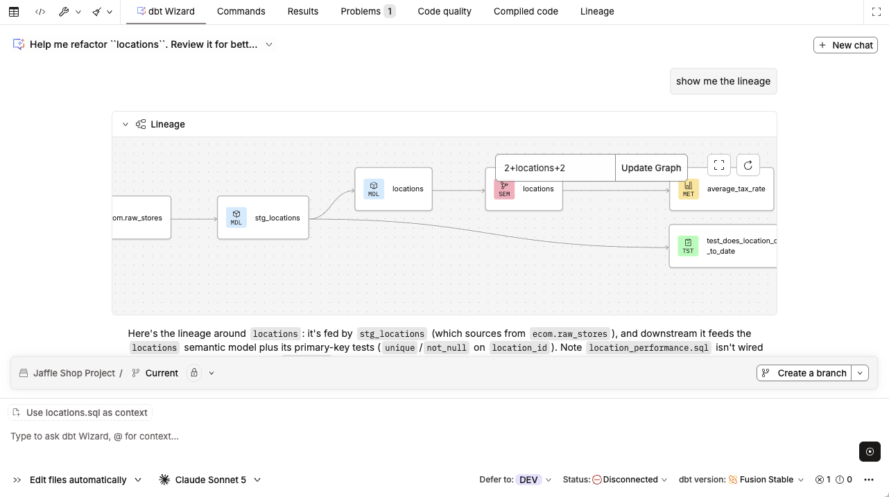 dbt Wizard refactoring a model and displaying the lineage inside the chat interface.