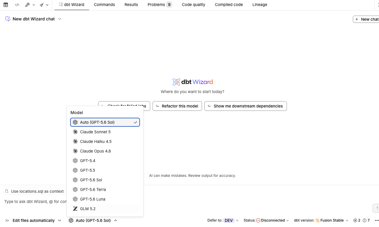 The model picker dropdown next to the Agent mode control in the Wizard panel.