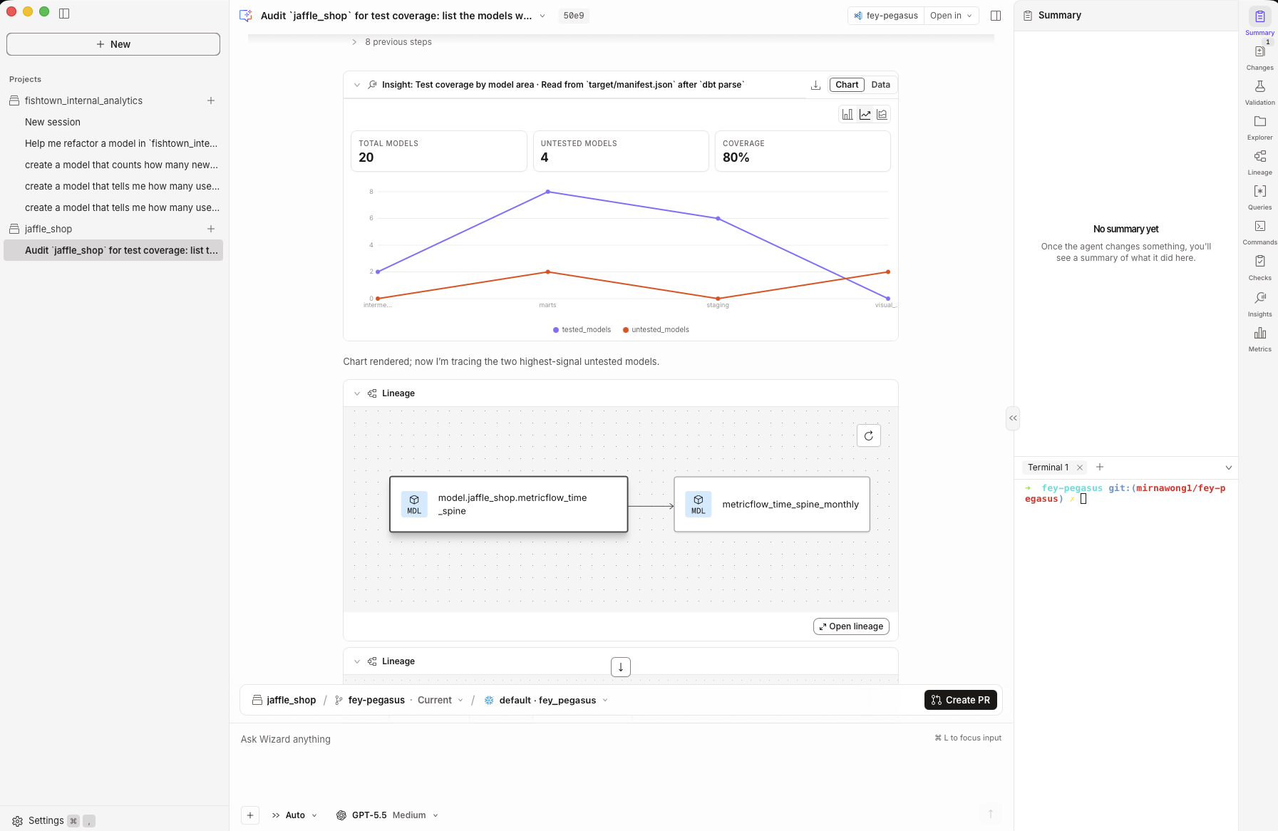 A session in progress, with a chart in the chat and validation results in the side pane